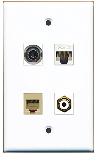 RiteAV - 1 Port RCA White 1 Port Phone RJ11 RJ12 Beige 1 Port 3.5mm 1 Port Cat5e Ethernet White Wall Plate