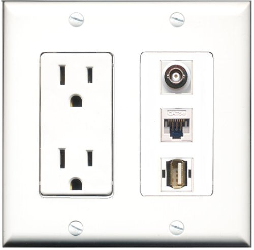RiteAV - 15 Amp Power Outlet 1 Port USB A-A 1 Port BNC 1 Port Cat5e Ethernet White Decorative Wall Plate