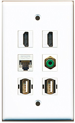 RiteAV - 2 HDMI 1 Port RCA Green 2 Port USB A-A 1 Port Cat5e Ethernet White Wall Plate