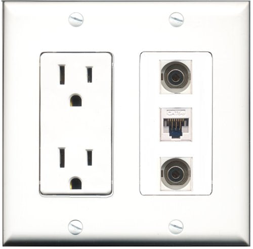 RiteAV - 15 Amp Power Outlet 2 Port 3.5mm 1 Port Cat5e Ethernet White Decorative Wall Plate