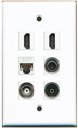 RiteAV - 2 HDMI 1 Port Toslink 1 Port 3.5mm 1 Port BNC 1 Port Cat5e Ethernet White Wall Plate