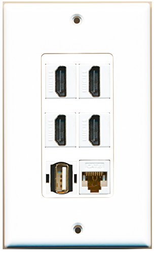RiteAV - 4 Port HDMI 1 USB A-A 1 Cat6 Ethernet White Wall Plate Decorative