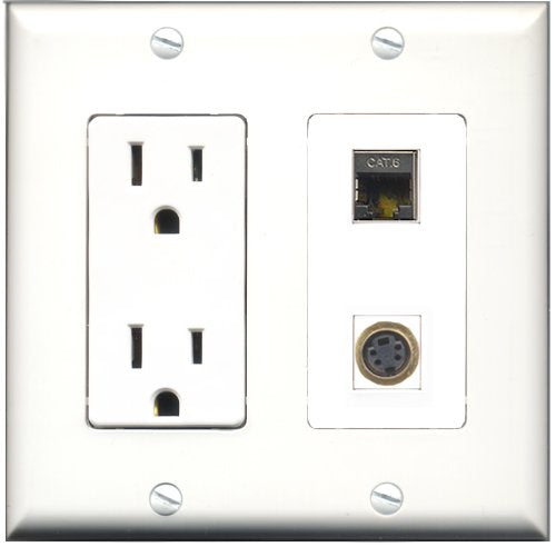 RiteAV - 15 Amp Power Outlet and 1 Port S-Video and 1 Port Shielded Cat6 Ethernet Decorative Type Wall Plate White