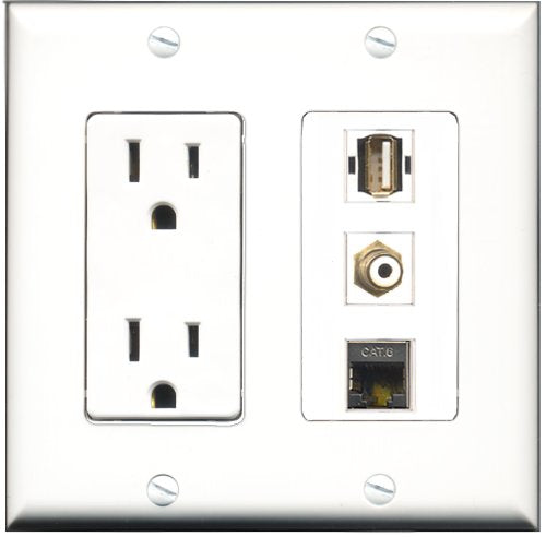 RiteAV - 15 Amp Power Outlet 1 Port RCA White 1 Port USB A-A 1 Port Shielded Cat6 Ethernet Ethernet Decorative Wall Plate