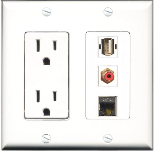 RiteAV - 15 Amp Power Outlet 1 Port RCA Red 1 Port USB A-A 1 Port Shielded Cat6 Ethernet Ethernet Decorative Wall Plate