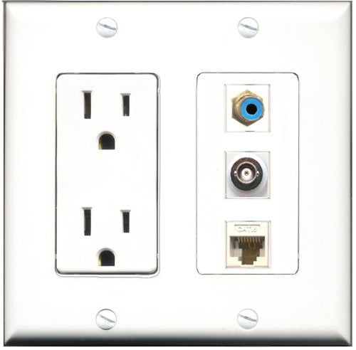 RiteAV - 15 Amp Power Outlet 1 Port RCA Blue 1 Port BNC 1 Port Cat6 Ethernet Ethernet White Decorative Wall Plate