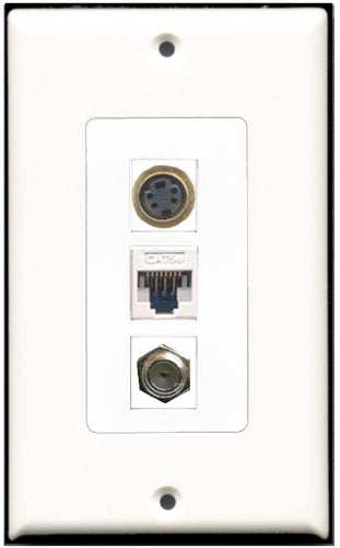 RiteAV - 1 Port Coax Cable TV- F-Type 1 S-Video 1 Cat5e Ethernet White Wall Plate Decorative