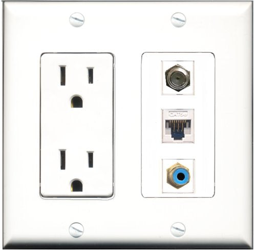 RiteAV - 15 Amp Power Outlet 1 Port RCA Blue 1 Port Coax 1 Port Cat5e Ethernet White Decorative Wall Plate