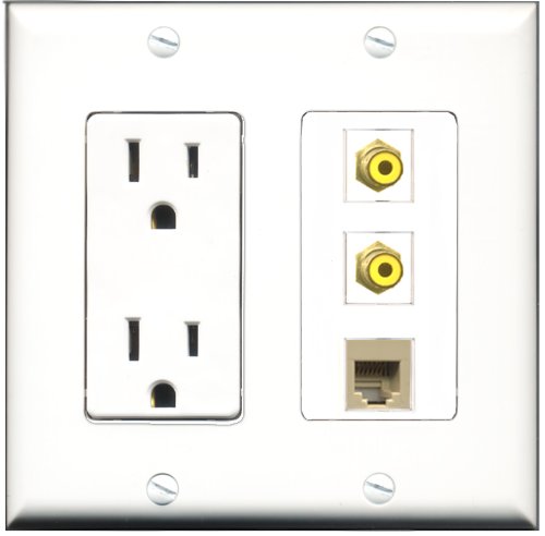 RiteAV - 15 Amp Power Outlet 2 Port RCA Yellow 1 Port Phone Beige Decorative Wall Plate