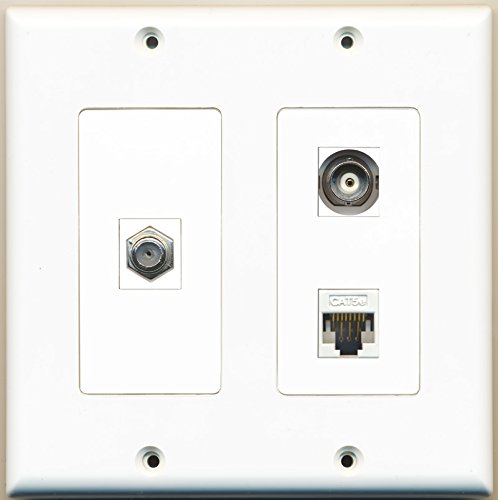 RiteAV - 1 Port Coax Cable TV- F-Type 1 Port BNC 1 Port Cat5e Ethernet White - 2 Gang Wall Plate