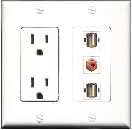 RiteAV - 15 Amp Power Outlet 1 Port RCA Red 2 Port USB A-A Decorative Wall Plate