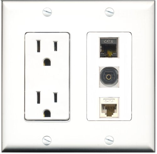 RiteAV - 15 Amp Power Outlet 1 Port Shielded Cat6 Ethernet Ethernet 1 Port Toslink 1 Port Cat6 Ethernet Ethernet White Decorative Wall Plate