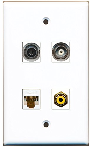 RiteAV - 1 Port RCA Yellow 1 Port 3.5mm 1 Port BNC 1 Port Cat6 Ethernet White Wall Plate