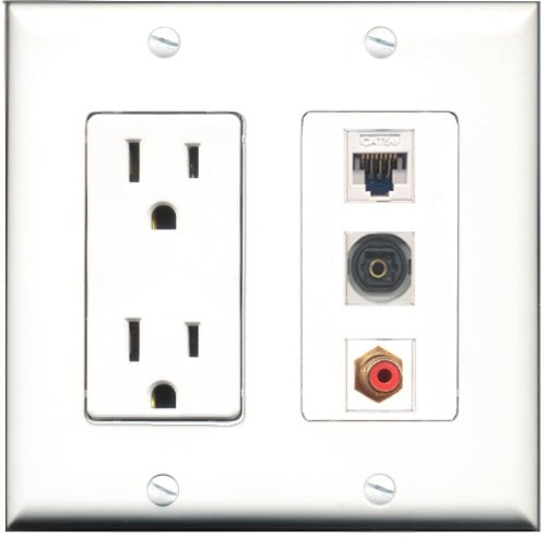 RiteAV - 15 Amp Power Outlet 1 Port RCA Red 1 Port Toslink 1 Port Cat5e Ethernet White Decorative Wall Plate
