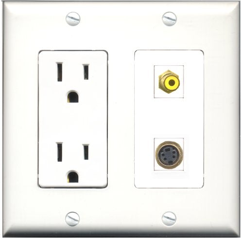RiteAV - 15 Amp Power Outlet and 1 Port RCA Yellow and 1 Port S-Video Decorative Type Wall Plate White