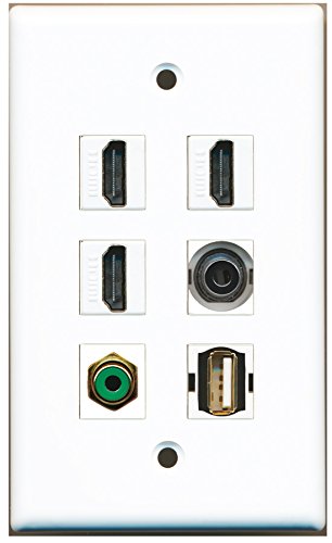 RiteAV - 3 HDMI 1 Port RCA Green 1 Port USB A-A 1 Port 3.5mm Wall Plate
