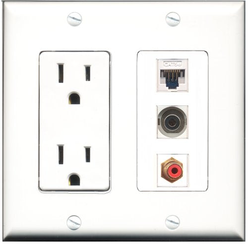 RiteAV - 15 Amp Power Outlet 1 Port RCA Red 1 Port 3.5mm 1 Port Cat5e Ethernet White Decorative Wall Plate