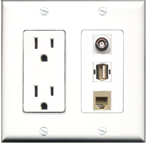 RiteAV - 15 Amp Power Outlet 1 Port USB A-A 1 Port Phone Beige 1 Port BNC Decorative Wall Plate