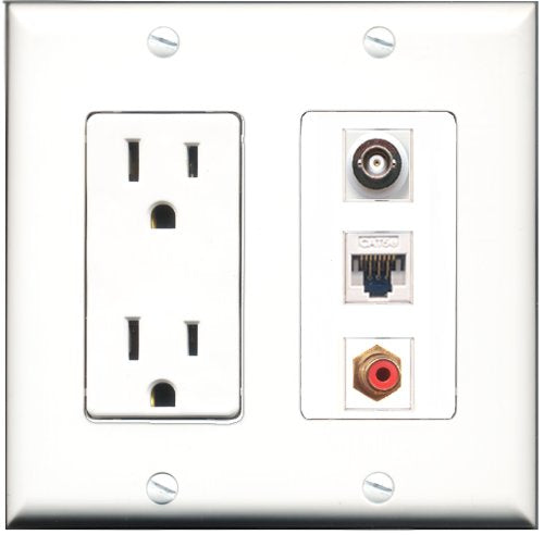 RiteAV - 15 Amp Power Outlet 1 Port RCA Red 1 Port BNC 1 Port Cat5e Ethernet White Decorative Wall Plate