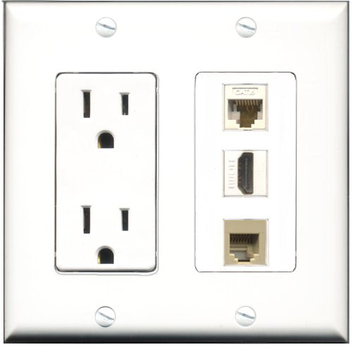 RiteAV - 15 Amp Power Outlet 1 Port HDMI 1 Port Phone Beige 1 Port Cat6 Ethernet Ethernet White Decorative Wall Plate