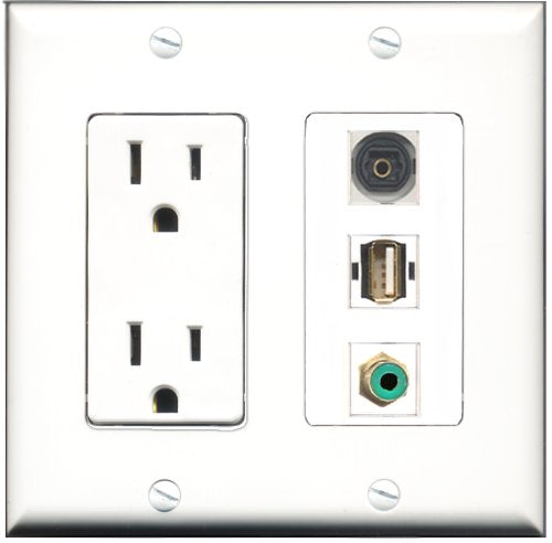 RiteAV - 15 Amp Power Outlet 1 Port RCA Green 1 Port USB A-A 1 Port Toslink Decorative Wall Plate