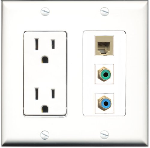 RiteAV - 15 Amp Power Outlet 1 Port RCA Green 1 Port RCA Blue 1 Port Phone Beige Decorative Wall Plate