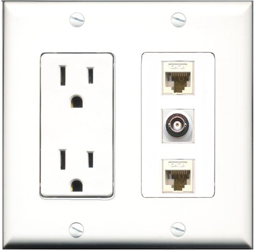 RiteAV - 15 Amp Power Outlet 1 Port BNC 2 Port Cat6 Ethernet Ethernet White Decorative Wall Plate