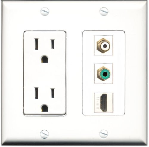 RiteAV - 15 Amp Power Outlet 1 Port HDMI 1 Port RCA White 1 Port RCA Green Decorative Wall Plate