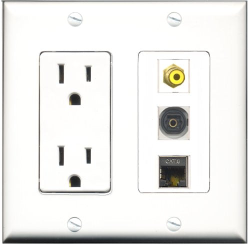 RiteAV - 15 Amp Power Outlet 1 Port RCA Yellow 1 Port Shielded Cat6 Ethernet Ethernet 1 Port Toslink Decorative Wall Plate