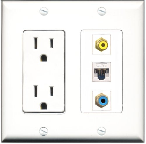 RiteAV - 15 Amp Power Outlet 1 Port RCA Yellow 1 Port RCA Blue 1 Port Cat5e Ethernet White Decorative Wall Plate