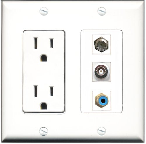 RiteAV - 15 Amp Power Outlet 1 Port RCA Blue 1 Port Coax 1 Port BNC Decorative Wall Plate