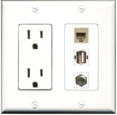 RiteAV - 15 Amp Power Outlet 1 Port Coax 1 Port USB A-A 1 Port Phone Beige Decorative Wall Plate