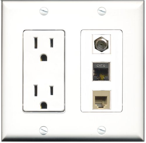 RiteAV - 15 Amp Power Outlet 1 Port Coax 1 Port Phone Beige 1 Port Shielded Cat6 Ethernet Ethernet Decorative Wall Plate