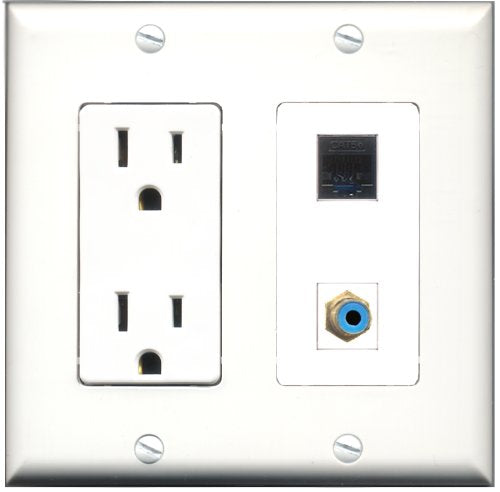 RiteAV - 15 Amp Power Outlet and 1 Port RCA Blue and 1 Port Cat5e Ethernet Black Decorative Type Wall Plate White
