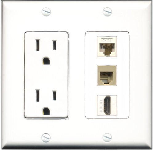 RiteAV - 15 Amp Power Outlet 1 Port HDMI 1 Port Phone Beige 1 Port Cat6 Ethernet Ethernet White Decorative Wall Plate
