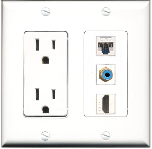 RiteAV - 15 Amp Power Outlet 1 Port HDMI 1 Port RCA Blue 1 Port Cat5e Ethernet White Decorative Wall Plate
