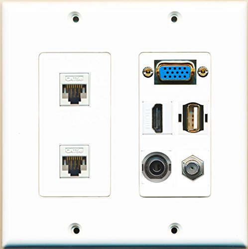 RiteAV SVGA + 2 Cat5e Ethernet 1 HDMI USB A-A 3.5mm Coax Cable TV Wall Plate