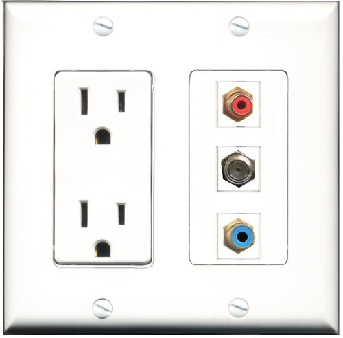 RiteAV - 15 Amp Power Outlet 1 Port RCA Red 1 Port RCA Blue 1 Port Coax Decorative Wall Plate