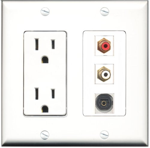 RiteAV - 15 Amp Power Outlet 1 Port RCA Red 1 Port RCA White 1 Port Toslink Decorative Wall Plate