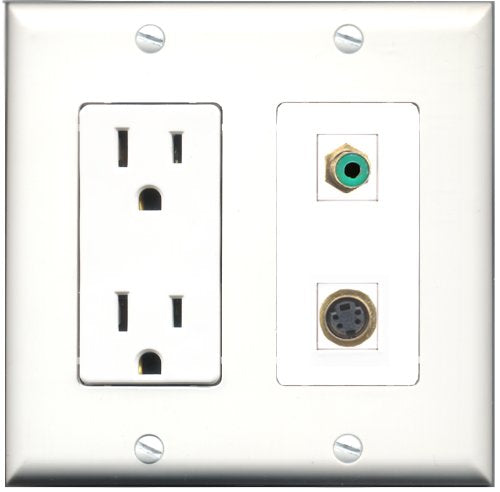 RiteAV - 15 Amp Power Outlet and 1 Port RCA Green and 1 Port S-Video Decorative Type Wall Plate White