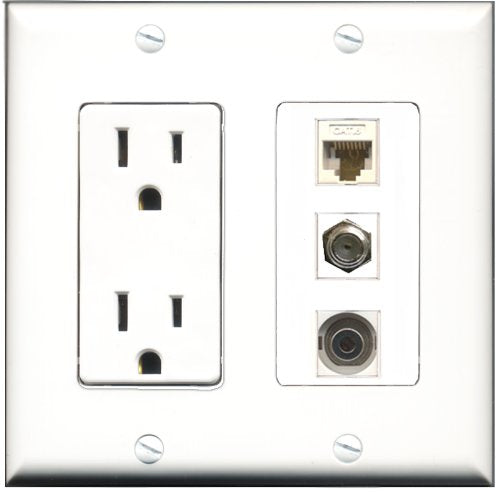 RiteAV - 15 Amp Power Outlet 1 Port Coax 1 Port 3.5mm 1 Port Cat6 Ethernet Ethernet White Decorative Wall Plate