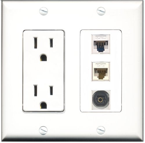 RiteAV - 15 Amp Power Outlet 1 Port Toslink 1 Port Cat5e Ethernet White 1 Port Cat6 Ethernet Ethernet White Decorative Wall Plate