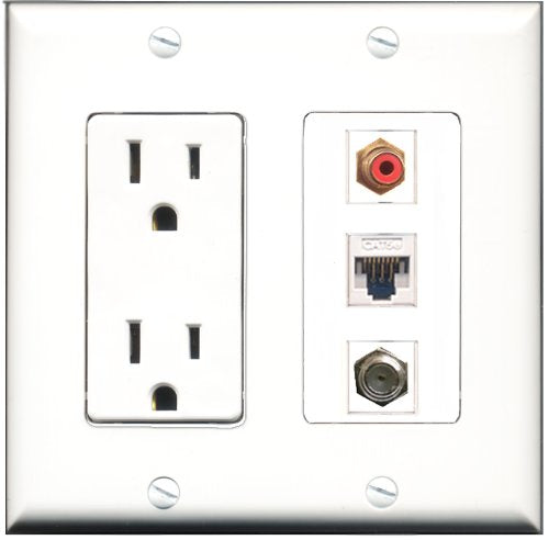 RiteAV - 15 Amp Power Outlet 1 Port RCA Red 1 Port Coax 1 Port Cat5e Ethernet White Decorative Wall Plate
