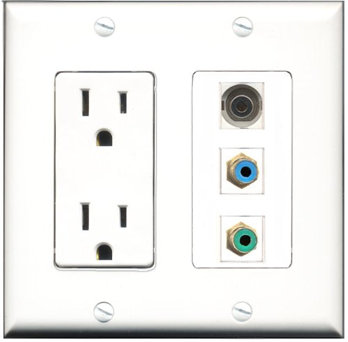 RiteAV - 15 Amp Power Outlet 1 Port RCA Green 1 Port RCA Blue 1 Port 3.5mm Decorative Wall Plate