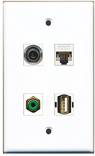 RiteAV - 1 Port RCA Green 1 Port USB A-A 1 Port 3.5mm 1 Port Cat5e Ethernet White Wall Plate