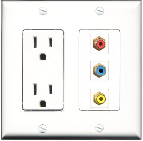 RiteAV - 15 Amp Power Outlet 1 Port RCA Red 1 Port RCA Yellow 1 Port RCA Blue Decorative Wall Plate