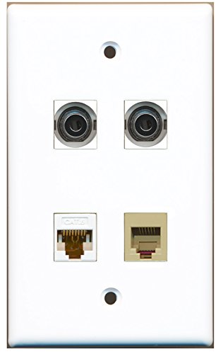 RiteAV - 1 Port Phone RJ11 RJ12 Beige 2 Port 3.5mm 1 Port Cat6 Ethernet White Wall Plate