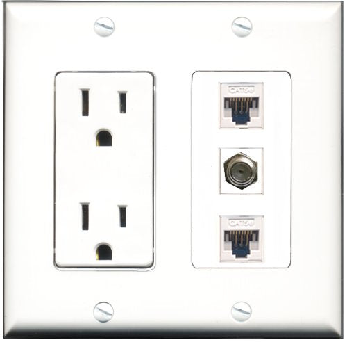 RiteAV - 15 Amp Power Outlet 1 Port Coax 2 Port Cat5e Ethernet White Decorative Wall Plate