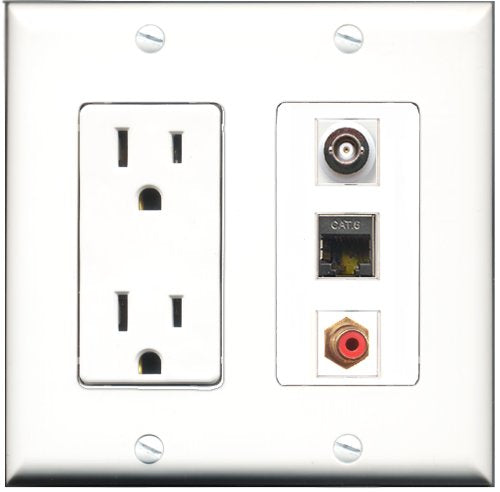 RiteAV - 15 Amp Power Outlet 1 Port RCA Red 1 Port Shielded Cat6 Ethernet Ethernet 1 Port BNC Decorative Wall Plate