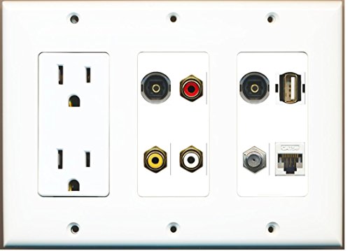 RiteAV (3 Gang) 15A Power Outlet Coax Cat5e Composite Video 2 Toslink USB Wall Plate